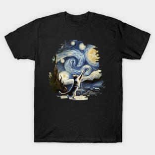 Van Gogh's Cats, Cat in the nigth with star and bats, impressionism, famous painting, Starry Night Style Van Gogh painting Cat Lover T-Shirt